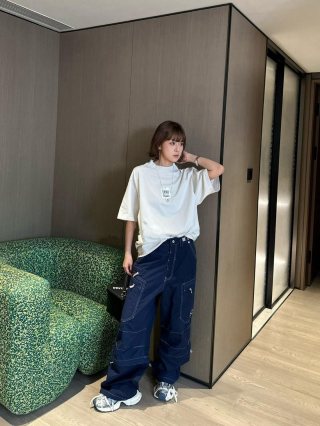 Navy Wide-Leg Cargo Pants view 9