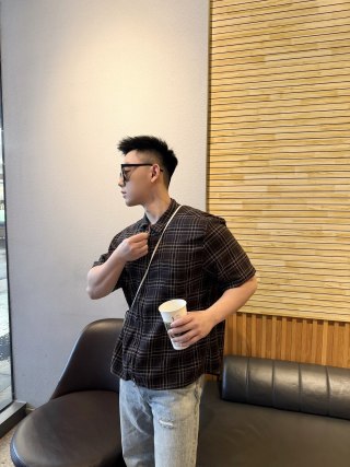 Black Plaid Short Sleeve Button-Up Shirt view 3