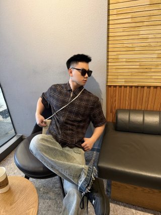 Black Plaid Short Sleeve Button-Up Shirt view 4