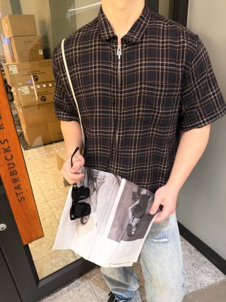 Black Plaid Short Sleeve Button-Up Shirt view 5