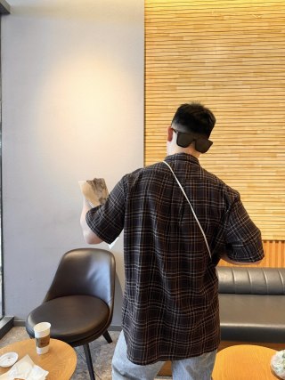 Black Plaid Short Sleeve Button-Up Shirt view 7