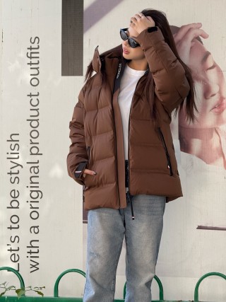 Brown Puffer Down Jacket - Oversized Quilted Winter Coat view 5