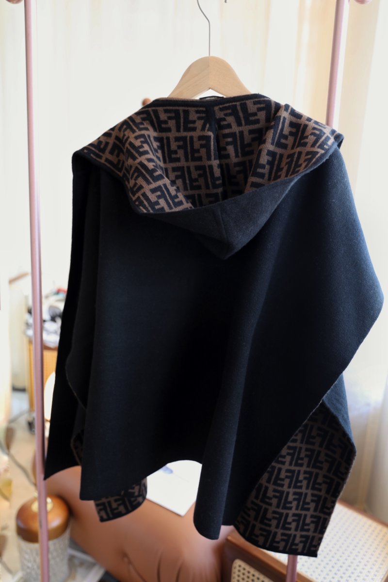 Fendi Double-Face Wool Cashmere Cape – Black with Monogram