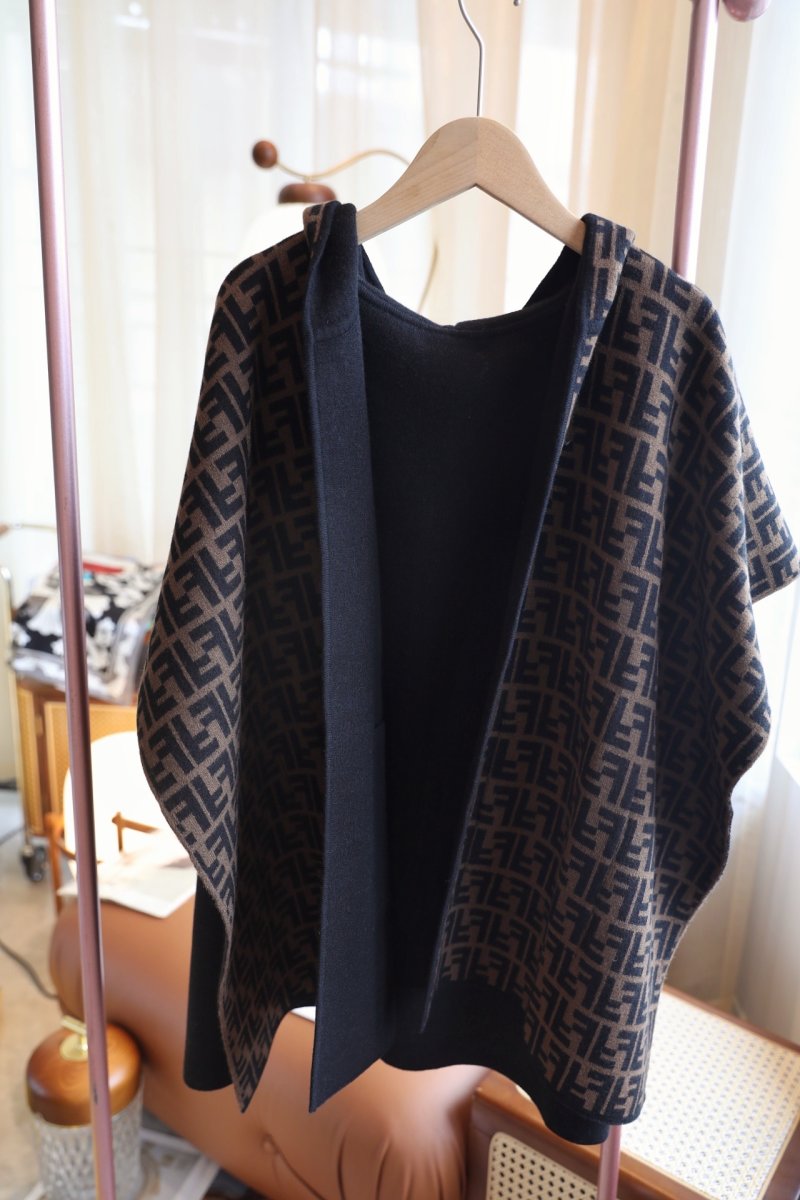 Fendi Double-Face Wool Cashmere Cape – Black with Monogram view