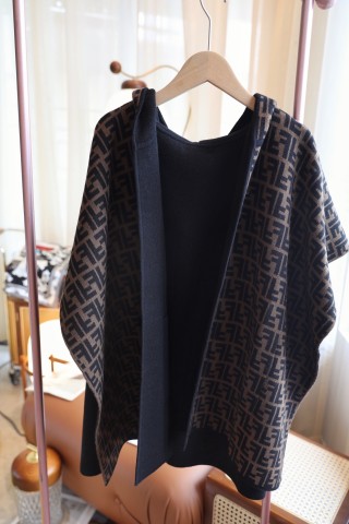 Fendi Double-Face Wool Cashmere Cape – Black with Monogram view 2