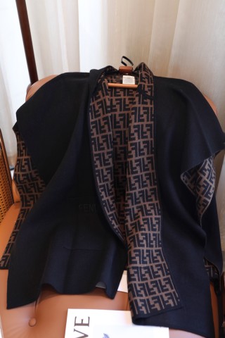 Fendi Double-Face Wool Cashmere Cape – Black with Monogram view 3