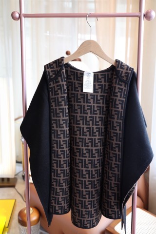 Fendi Double-Face Wool Cashmere Cape – Black with Monogram view 4