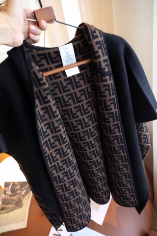 Fendi Double-Face Wool Cashmere Cape – Black with Monogram view 5