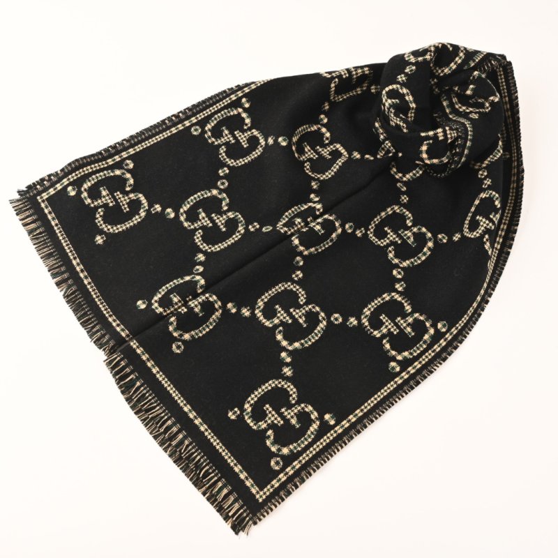 Gucci GG Logo Wool Scarf Black & Gold 47x180cm