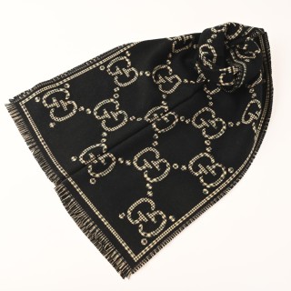 Gucci GG Logo Wool Scarf Black & Gold 47x180cm