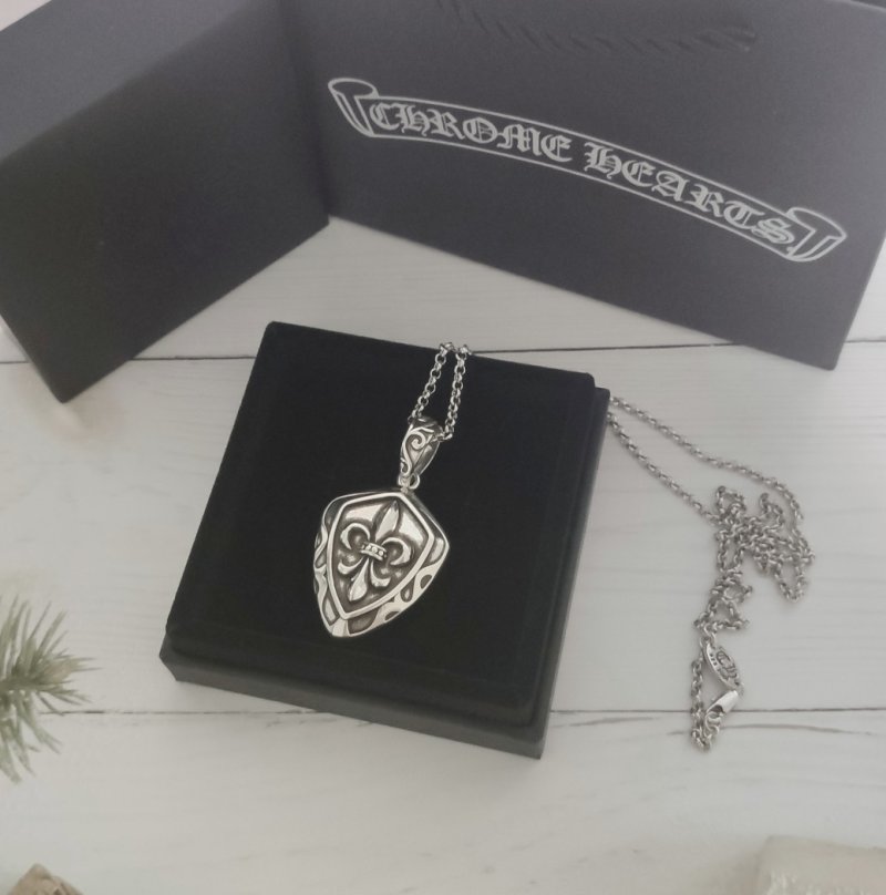 Chrome Hearts Shield Cross Pendant Silver Chain Necklace