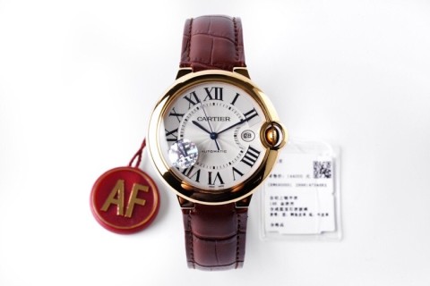 Cartier Ballon Bleu 42mm Gold Automatic Watch Burgundy Leather
