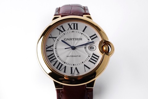 Cartier Ballon Bleu 42mm Gold Automatic Watch Burgundy Leather view 2