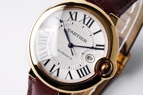 Cartier Ballon Bleu 42mm Gold Automatic Watch Burgundy Leather view 3