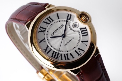 Cartier Ballon Bleu 42mm Gold Automatic Watch Burgundy Leather view 4