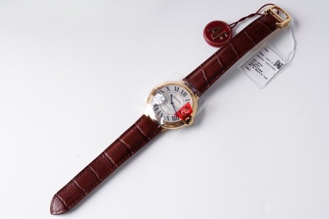 Cartier Ballon Bleu 42mm Gold Automatic Watch Burgundy Leather view 9