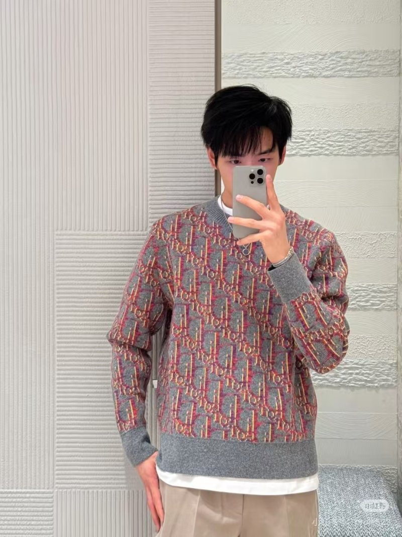 Dior Monogram Jacquard Crewneck Sweater Red Grey