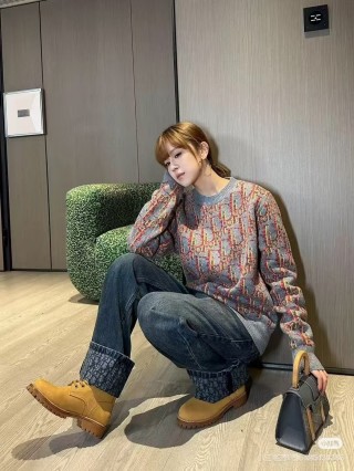 Dior Monogram Jacquard Crewneck Sweater Red Grey view 4