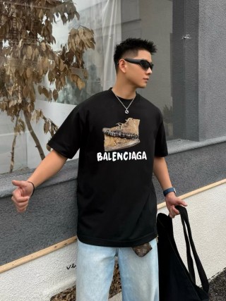 Balenciaga Distressed Shoe Print Black T-Shirt