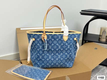 LV Neverfull MM Monogram Denim Tote Bag - Blue