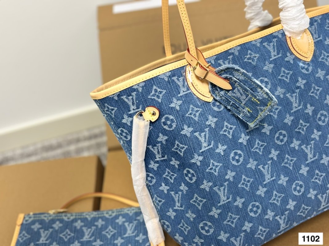 LV Neverfull MM Monogram Denim Tote Bag - Blue view