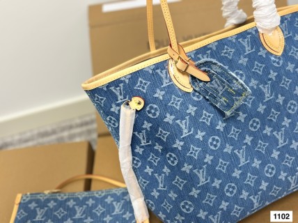 LV Neverfull MM Monogram Denim Tote Bag - Blue view 5