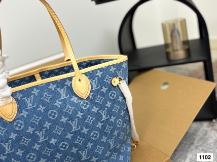 LV Neverfull MM Monogram Denim Tote Bag - Blue view 7