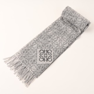 LOEWE Anagram Double-Sided Wool Cashmere Fringe Scarf Oatmeal view 3