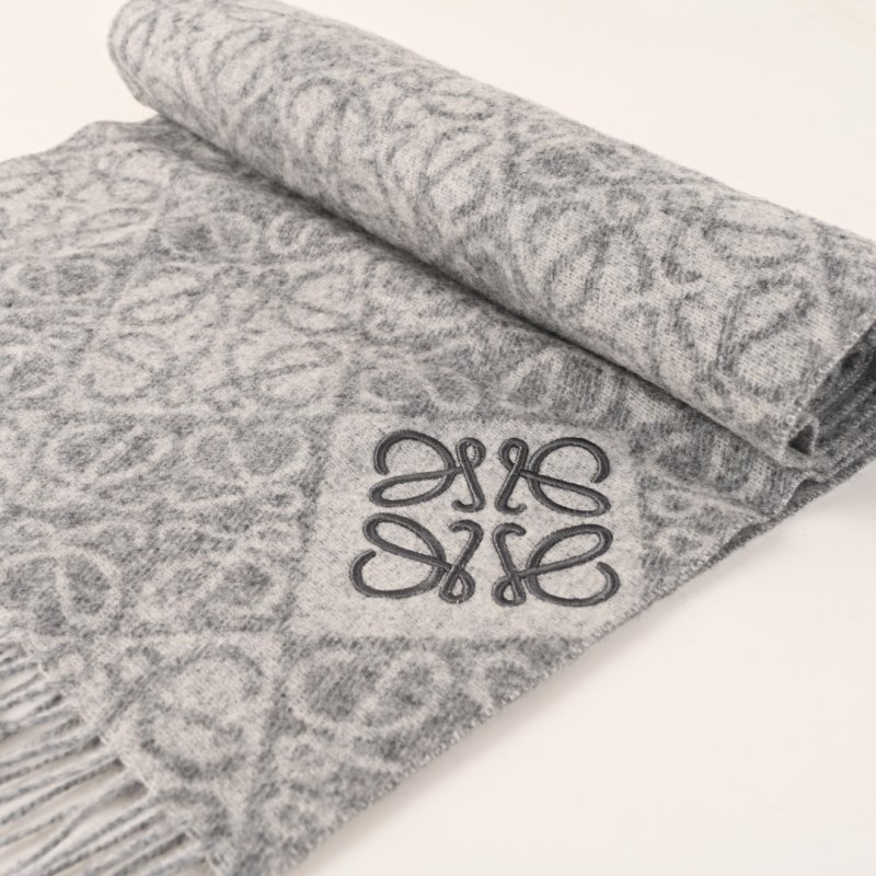 LOEWE Anagram Double-Sided Wool Cashmere Fringe Scarf Oatmeal view
