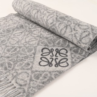 LOEWE Anagram Double-Sided Wool Cashmere Fringe Scarf Oatmeal view 5