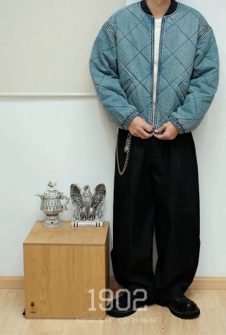 Blue Denim Quilted Bomber Jacket view 2