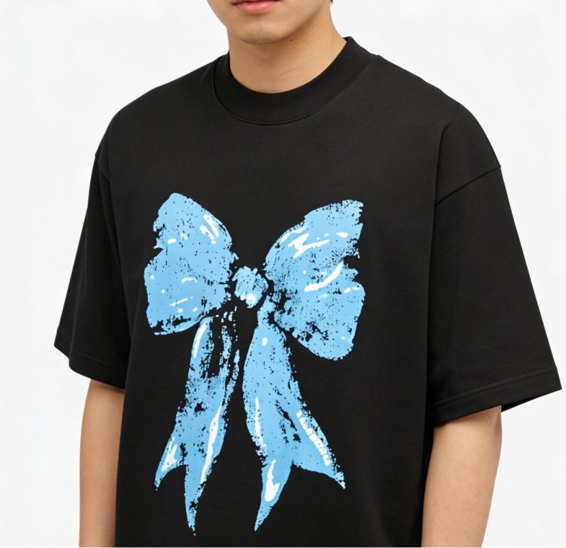 Black Oversized T-Shirt with Blue Distressed Bow Graphic