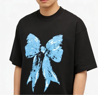 Black Oversized T-Shirt with Blue Distressed Bow Graphic