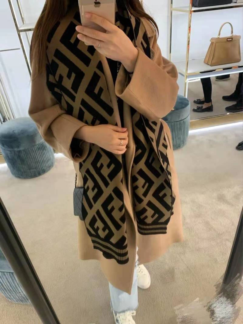 Fendi FF Monogram Wool Blend Scarf Beige Black