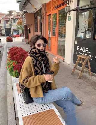 Fendi FF Monogram Wool Blend Scarf Beige Black view 3