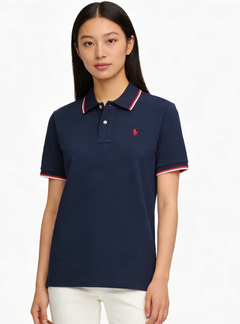 Polo Ralph Lauren Women's Navy Polo Shirt with Striped Collar