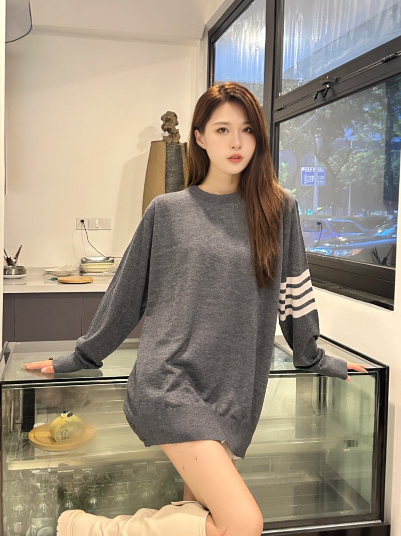 Grey Wool Blend Knit Sweater with Stripe Sleeve Detail