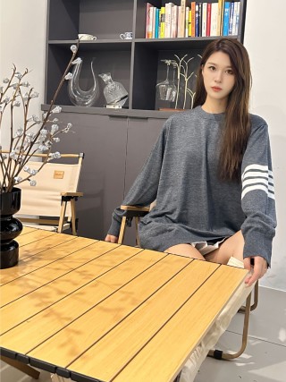 Grey Wool Blend Knit Sweater with Stripe Sleeve Detail view 2