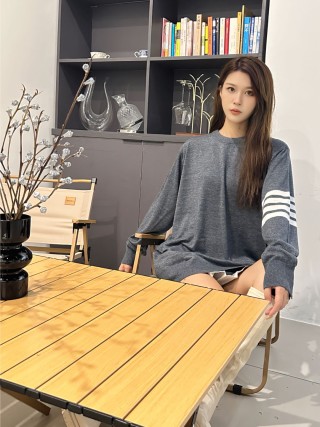 Grey Wool Blend Knit Sweater with Stripe Sleeve Detail view 3