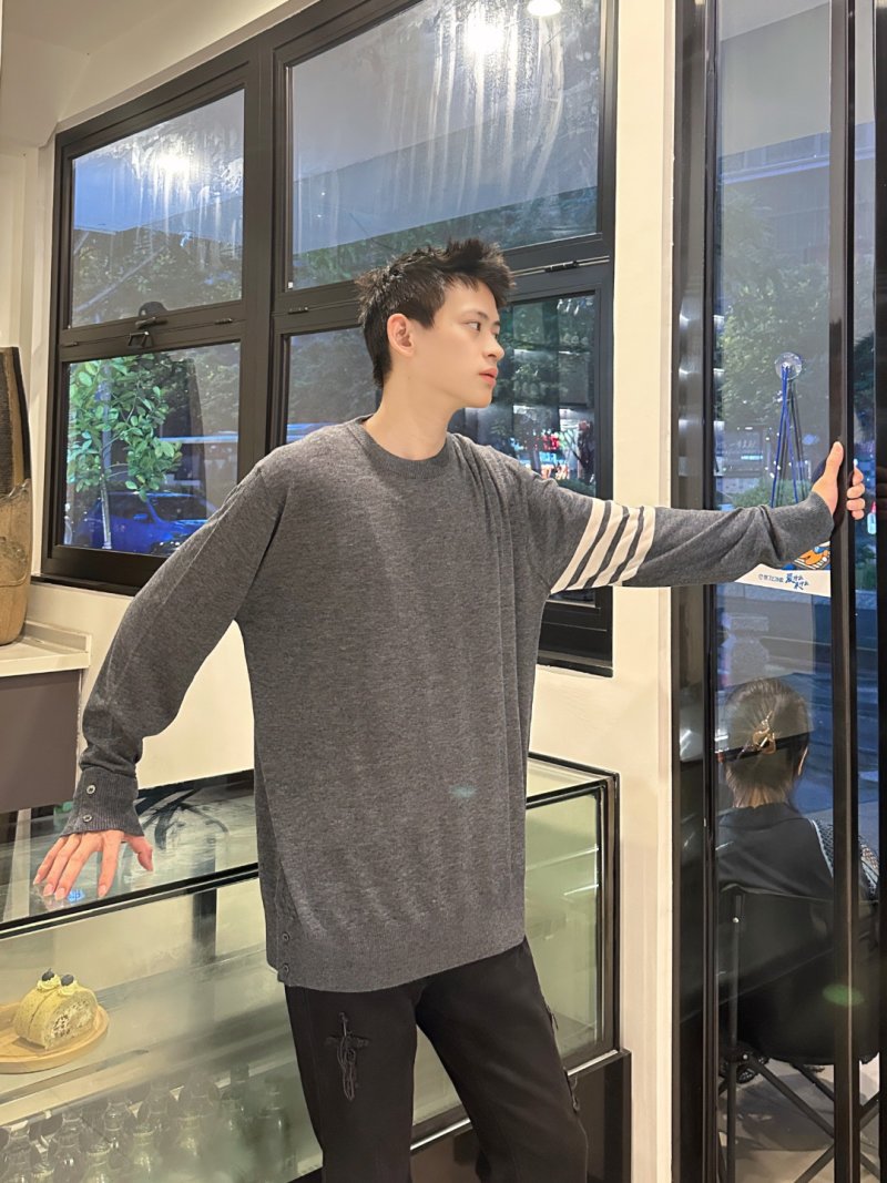 Grey Wool Blend Knit Sweater with Stripe Sleeve Detail view