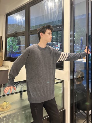 Grey Wool Blend Knit Sweater with Stripe Sleeve Detail view 4