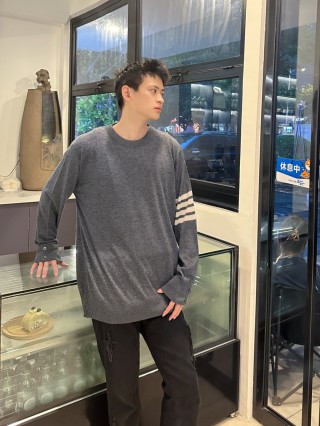 Grey Wool Blend Knit Sweater with Stripe Sleeve Detail view 6