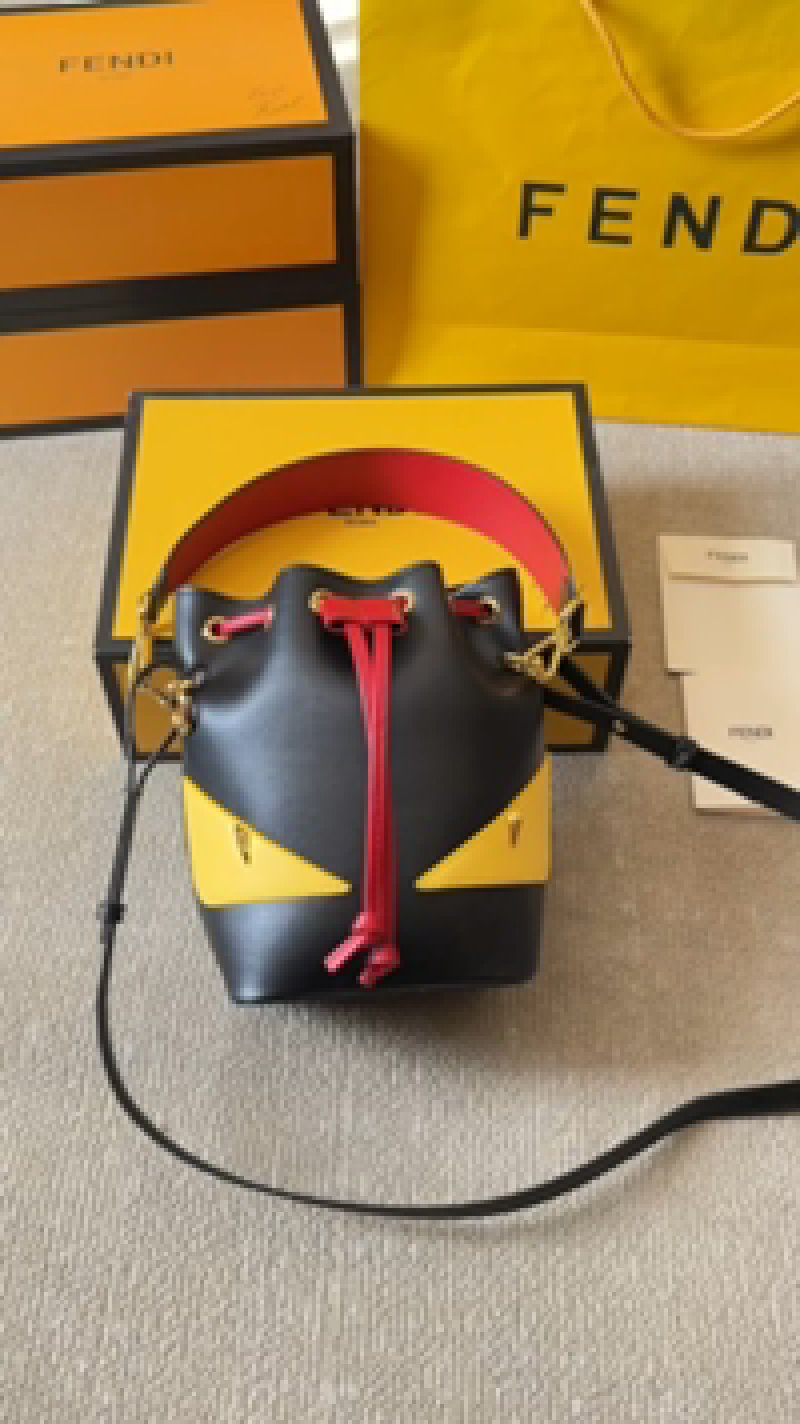 Fendi Black Leather Bucket Bag with Red Drawstring