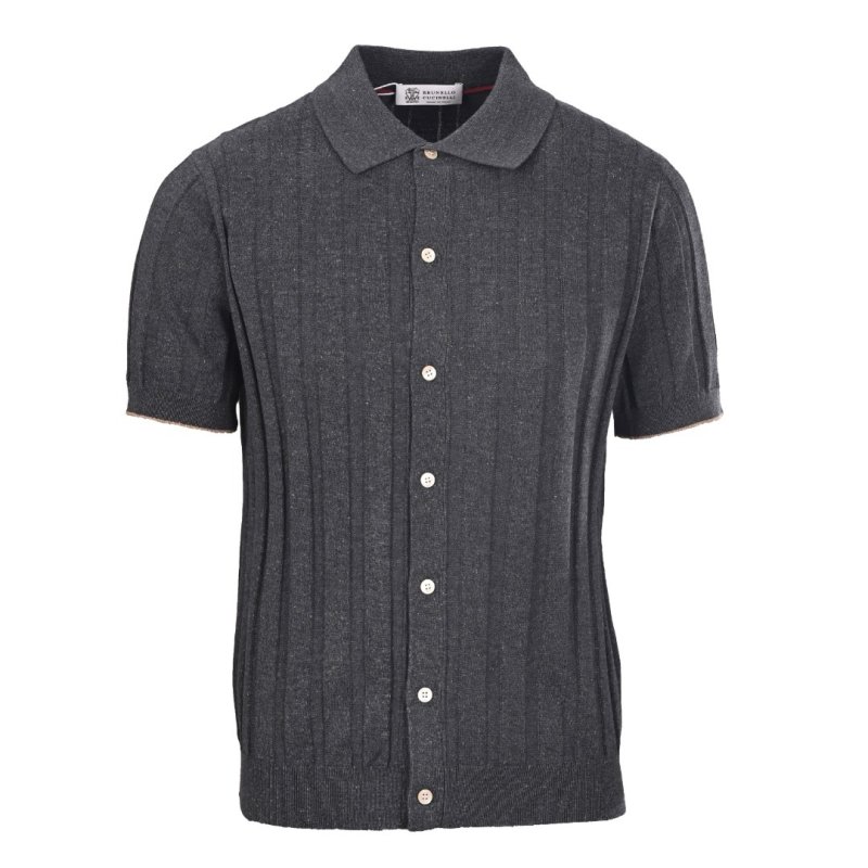 Charcoal Grey Vertical Striped Knit Polo Shirt view