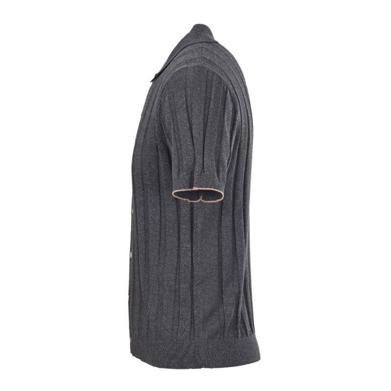Charcoal Grey Vertical Striped Knit Polo Shirt view