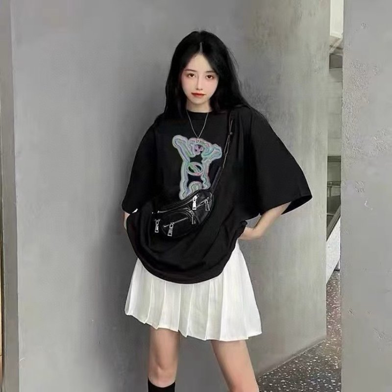 Black Oversized Snake Graphic T-Shirt with Embroidered Detail