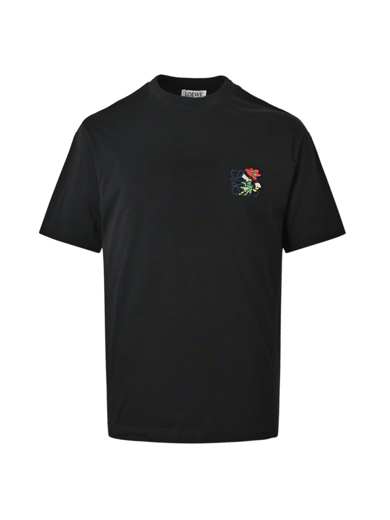 Black T-Shirt with Floral Embroidery Detail view