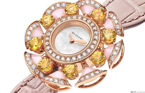 Bulgari Divas Dream Rose Gold Yellow Sapphire Pink Leather Watch view 2
