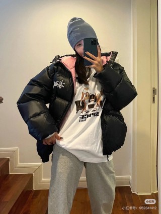 Stüssy Black Puffer Jacket with Pink Hood Lining view 3