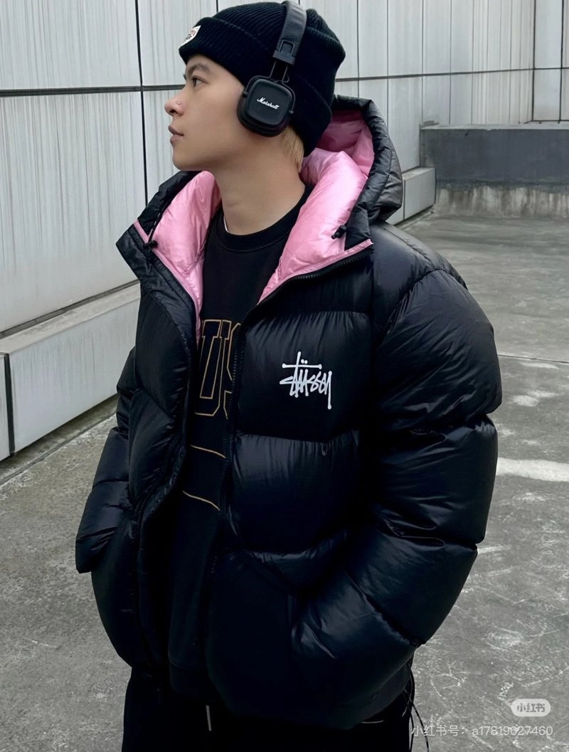Stüssy Black Puffer Jacket with Pink Hood Lining view